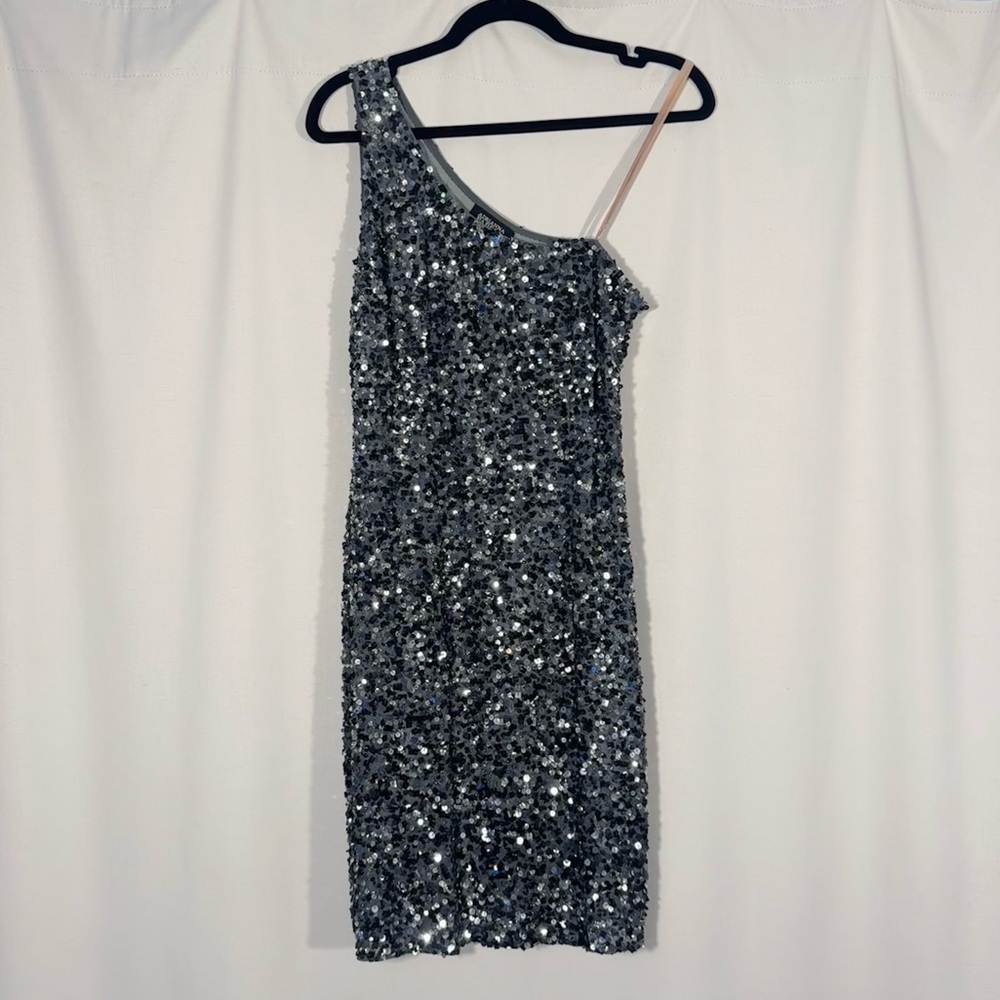 Adrianna Papell Gray & Silver Sequin One Shoulder Dress